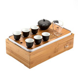 一品仟堂功夫茶具茶盘套装家用收纳盒大号茶箱双层日式竹储水简约干泡茶台 宛若(黑)套组+收纳盒+茶盘