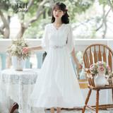 仪纤文艺复古刺绣国风雪纺连衣裙五分袖夏季新款收腰显瘦V领A字裙3545 白色 M