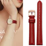 HKWF真皮表带女 女款手表带牛皮适用天王DW化石唯路时卡西欧飞亚达男 红色-玫瑰金色针扣 20mm