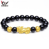 庆怡黄金貔貅手链男士 999足金转运珠黑玛瑙金珠手串 送爸爸生日礼物 6mm黑玛瑙1貔貅2金珠 约1.5g