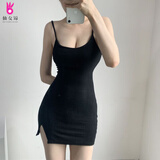 缘梦韵欧美新款度短裙开叉吊带背心裙ins纯色露背收腰显包臀连衣裙 黑色H L _建议110-125