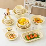 佩尔森奶油风可爱碗碟套装家用好看的陶瓷饭碗一人食餐具宿舍用学生碗筷 8件套D【4人食】