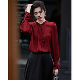 德玛纳【安可拉红】春秋优雅通勤衬衫抓皱亮感荷叶边泡泡袖衬衣女装上衣