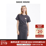 BASIC HOUSE/百家好爱心褶皱连衣裙女夏季新款设计感收腰显瘦裙子女 灰色 S