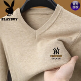 花花公子（PLAYBOY）品牌羊毛衫男100纯羊毛秋冬款V领针织衫中年男士爸爸打底衫毛衣 长袖A53驼色Y 2XL 180推荐150-165斤