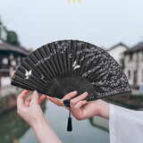 TaTanice 古风扇子绢布折扇女生日礼物拍照道具便携折叠竹扇 黑色樱花