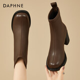 达芙妮加绒高跟短靴女圆头百搭靴子粗跟增高瘦瘦靴4623607044 棕色39