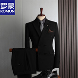 罗蒙（ROMON）西服套装男英伦风双排扣商务休闲西装三件套新郎结婚礼服小西服男 黑色(西服+西裤) XL 52(123-135斤)