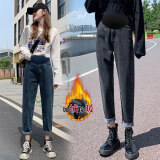 南叮雅格孕妇牛仔裤春夏季弹力托腹老爹裤外穿夏款孕妇裤百搭长裤春夏装 黑灰色加绒款 XXL 135-160斤
