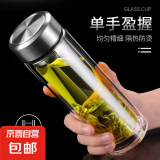 玻璃透明双层创意玻璃杯耐高温圆形茶杯大容量成人带盖泡茶杯 双层玻璃杯1个