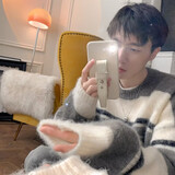 佐优品马海毛毛衣男冬季加厚条纹针织衫秋冬款潮外套男潮牌休闲学生线衣 灰色 L