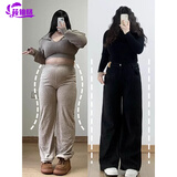 莜仙格梨形身材美式直筒牛仔裤女秋季大码胖妹妹高腰遮胯宽松显瘦阔腿裤 黑色 长裤  常规 3XL 大【建议160-175斤】