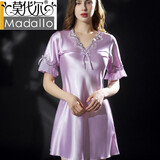 莫代尔新款睡衣女士夏睡裙短袖冰丝连衣裙性感蕾丝薄款家居服大码睡衣女 306款丁香紫冰丝 XL 码 推荐120~140斤