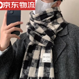 彩卡莹2024秋冬新款围巾男韩版时尚百搭流苏披肩加厚保暖围脖男防风防寒 格子贴布围巾—黑色