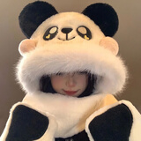 贝初众熊猫帽子冬季女小熊帽子围巾一体三件套女生可爱骑行围脖冬天保暖 小熊猫【高品质加厚】加长版型