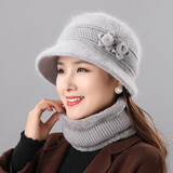 笙格儿 帽子女冬季中老年保暖兔毛帽老年人毛线帽围巾冬季送妈妈的生日礼物加绒针织帽 灰色 单个帽子 均码