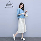 SHIROMA女装棉麻套装连衣裙女中长款夏季减龄气质时尚韩版亚麻裙子两件套 蓝色+米色 M /106-120斤