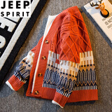JEEP SPIRIT 日系复古拼接菱格V领开衫毛衣男宽松痞帅潮流休闲针织衫外套 红色 XL