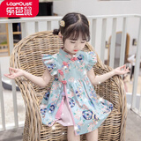 乐芭鼠童装女童旗袍裙夏季儿童唐装中国风改良汉服连衣裙女宝宝衣服1-7岁中小童女孩甜美公主裙 蓝色 120码建议5-6岁 (身高110-120cm )