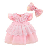 多拉麦格婴儿哈衣夏季纱裙女宝宝满月百天礼服公主裙百日宴包屁衣拍照衣服 小飞袖粉色+发带 59cm 50码 建议8-10斤(0-2个月)
