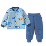 棉大班（MIANDABAN）宝宝夹棉保暖内衣套装婴儿秋冬三层薄棉加厚棉衣棉裤男女童冬装新 灰蓝汽车+深蓝 100 CM