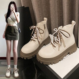 ZHR马丁靴女英伦风真牛皮舒适百搭厚底增高女靴INS网红街拍加绒短靴 米色（G631-单里） 38