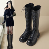 ZHR则则长筒靴女不过膝粗跟骑士靴女复古绑带显瘦女靴 CQ10H 黑色 37