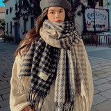 浩冠 围巾女秋冬季韩版百搭长款披肩加厚保暖围脖格子冬天学生千鸟格 黑米色