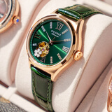 欧力派女士手表全自动机械表樱花镂空真钻真皮防水时尚简约女表生日礼物 复古绿色皮带+附带钻石鉴定证书