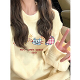 LDBE奶fufu嫩黄毛衣女秋冬新款宽松卡通猫咪软糯慵懒风针织长袖上衣潮 嫩黄色 M