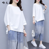 哈夫朵大码女装t恤女2025春夏季新款韩版胖mm显瘦时尚潮流百搭套装女装 5036Y#白色上衣【单件】 3XL 【建议140-160斤】