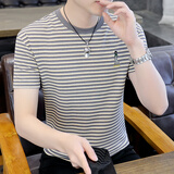 啄木鸟 夏季丝光棉短袖T恤男潮牌刺绣圆领条纹体恤衫帅气百搭夏天上衣 5灰色 2XL