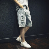 衣然呈品破洞牛仔短裤男宽松潮流外穿中裤潮牌马裤夏季薄款休闲五分裤子男 浅蓝色 L 【建议110-130斤】