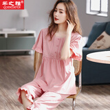芊之雅（QIANZHIYA）2024年新款睡衣女夏款纯棉短袖七分裤套装中年加肥大码宽松居家服 套头款QZC-22539# 女XL/170
