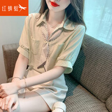 红蜻蜓减龄短袖衬衫女士夏季Polo小衫2026新款爆款洋气漂亮别致雪纺上衣 绿色短袖 L 【105-120斤】