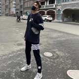 奇鹿 休闲裤男修身微弹百搭九分裤小脚夏季春秋款运动条纹情侣学生裤子四条杠日常居家韩版9分裤男纯色 黑色 L码