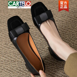 卡帝乐鳄鱼（CARTELO）真皮浅口低跟单鞋女2025年新款蝴蝶结方头平底黑色工作鞋女 06款黑色 37
