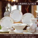 景航  景德镇陶瓷器餐具碗碟套装碗具碗筷礼品家用简约盘子碗金边套餐 天鹅湖（48件九斗装）