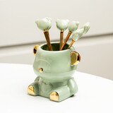 耐持水果叉子小熊陶瓷收纳罐创意不锈钢水果签甜品可爱小叉子套装 【6叉+1罐子】牛油果金