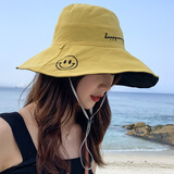 安妮莎遮阳帽子女简约渔夫帽潮流夏季防晒太阳帽双面戴大沿笑脸学生韩版帽 笑脸黄色+黑色 双面可戴 配防风绳