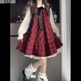 诗丹蕊甜莓樱桃红格纹套装裙春秋新款少女感新年战袍蝴蝶结背心连衣裙子 裙子+内搭 均码【可备注码数】