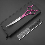 谷崎 宠物美容剪刀 狗狗毛工具套装7英寸修毛剪弯剪子泰迪猫狗宠物剪 #7寸 玫红翘剪+钢梳+包
