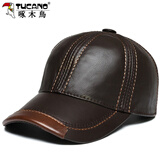 啄木鸟  帽子男冬头层牛皮老人棒球帽真皮男士真皮鸭舌帽保暖中老年帽 头层牛皮深咖色