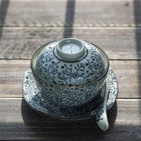 和风四季浅田釉下彩陶瓷碗日式餐具家用盖碗汤碗蒸碗泡饭碗餐厅摆台餐具 4.5英寸小号青花盖碗+勺+方盘