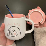 畅印 水杯女学生韩版马克杯带盖勺情侣杯子陶瓷杯可爱咖啡杯喝水杯 大头头女孩(460ml带盖勺)