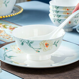 国玥 中式骨瓷碗碟套装创意单品家用釉中彩吃饭米饭碗西餐盘陶瓷碗盘 素锦花开5英寸高脚碗1个