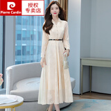 皮尔卡丹（pierre cardin）时尚气质长袖连衣裙春秋2024年新款女早春夏名媛感气质雪纺长裙子 杏色 2XL
