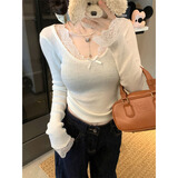 尔山集蕾丝拼接针织衫春季修身显瘦纯欲风V领内搭白色打底长袖上衣女 白色 均码【建议80-110斤】