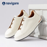纳维凯尔（Navigare）意大利小帆船真皮低帮板鞋透气简约高级商务百搭休闲鞋一脚蹬男鞋 米白 42 （顺丰速发）