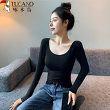 啄木鸟莫代尔打底衫女内搭双u领长袖t恤洋气外穿上衣薄款 黑色 XL